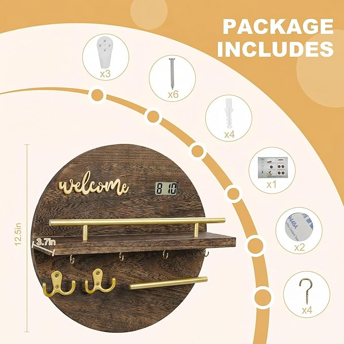 Key Holder for Wall, Key and Mail Holder Organizer with - Key Holder Wall Mount - Round Wooden Rustic Home Decor for Entryway, Mudroom, Hallway, Kitchen Office (Brown&Gold)