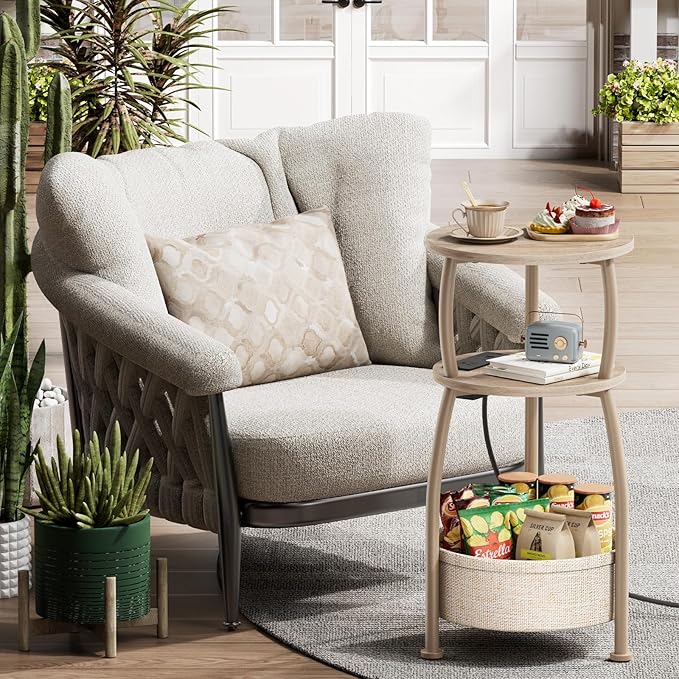 Side Table with Charging Station, Small Round End Table with Basket, USB Port and Outlet, 3 Tiers Sofa Couch Table Bedside Table for Living Room Bedroom, Small Spaces, 11.81in Light Oak