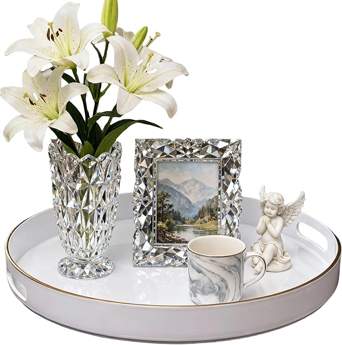 Zosenley Decorative Tray, Round Plastic Tray with Handles, Modern Vanity Tray and Serving Tray for Ottoman, Coffee Table, Kitchen and Bathroom, Size 13â (White)