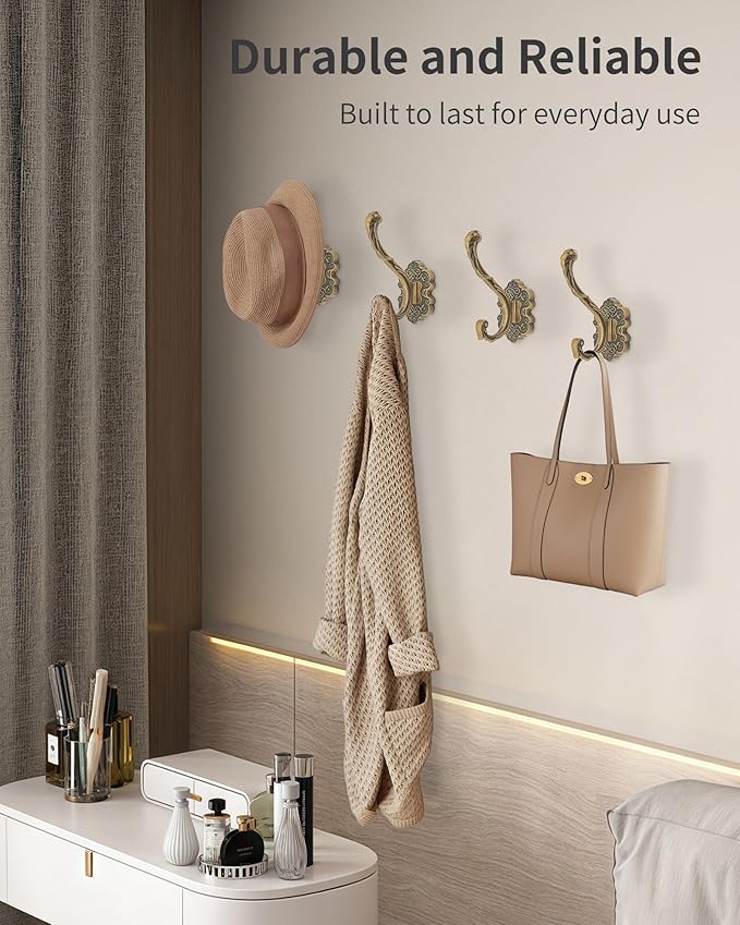 Vintage Coat Hooks Wall Mount, Unique Heavy Duty Wall Hooks for Hanging Towel Key Purse Hat Robe Clothes Decorative Hook for Bathroom Shower Closet Entryway Antique Brass 4 Pack