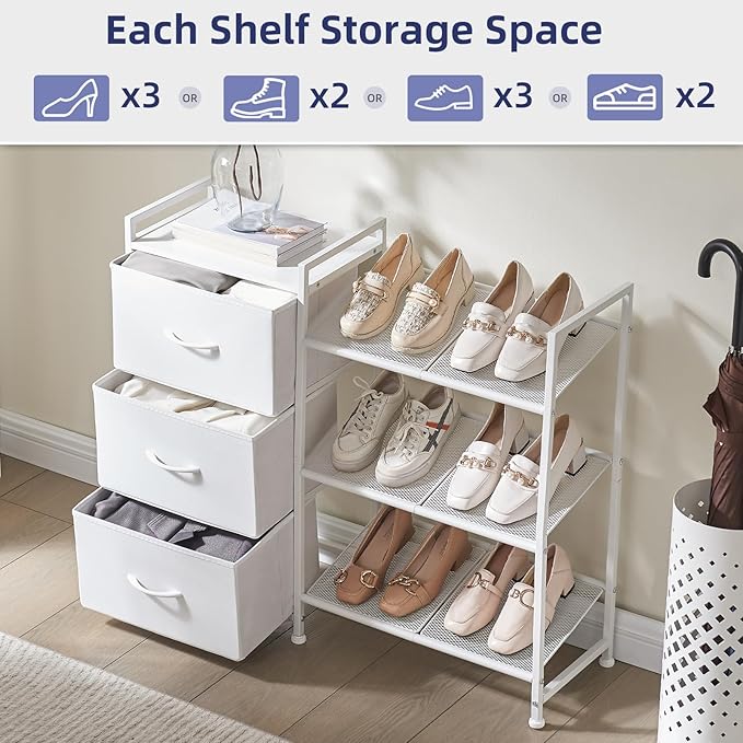Somdot Shoe Rack, 3 Tier Shoe Organizer with 3 Drawers, Metal Shoe Storage Shelf for 6-9 Pairs of Shoes, Narrow Shoe Rack for entryway, White Leather