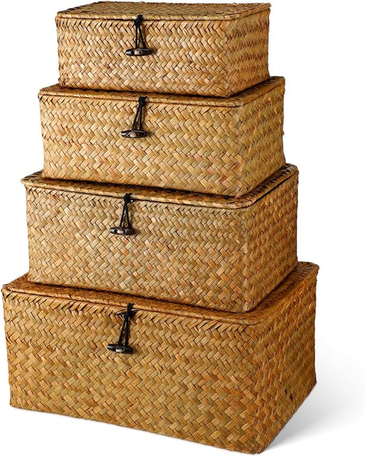 Woanger Set of 4 Wicker Storage Baskets Organizer，Handwoven Storage Bins with Lid for Organizing, Home Utility Box for Home Office Supplies Multipurpose Container(Orange)