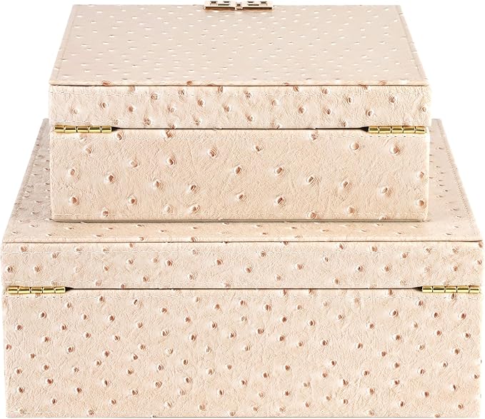 HofferRuffer Square Decorative Boxes, Set of 2 Nesting Storage Memory Keepsake Boxes with Lids, Stylish PU Leather Trinket Jewelry Organizer Box for Home Decor and Storage (CreamWhite Ostrich)