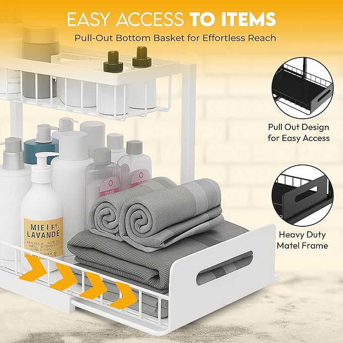 MORTALHARTS Under Sink Organizer – 1 Pack 2-Tier Sliding Storage Rack – Pull-Out Cabinet Organizer with Adjustable Metal Shelf, L-Shaped Design for Kitchen, Bathroom & Laundry Cabinets