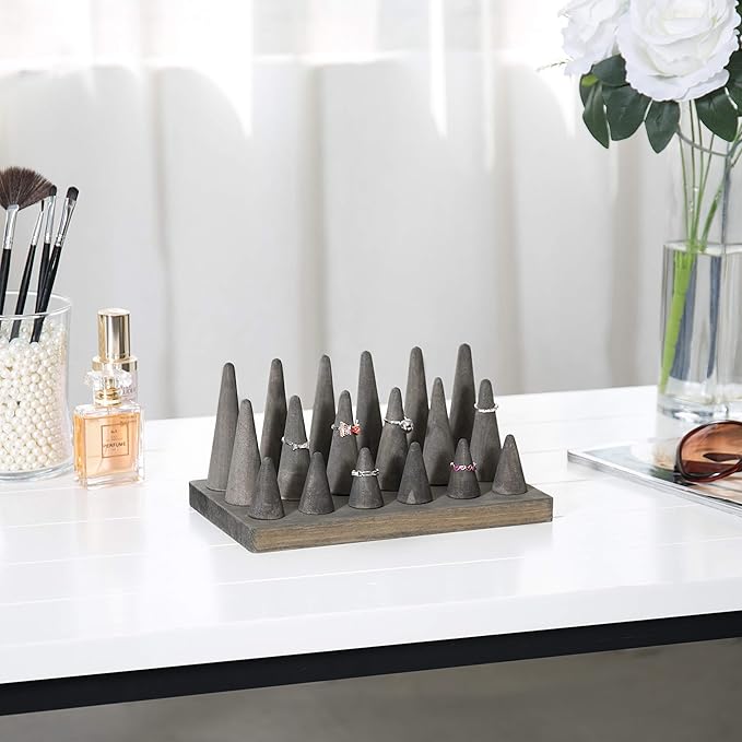 MyGift Vintage Gray Weathered Solid Wood Cone Shaped Ring Holder Tower, Wooden Jewelry Organizer Stand for Home Table or Retail Counter Display Tray, Holds 18 Rings