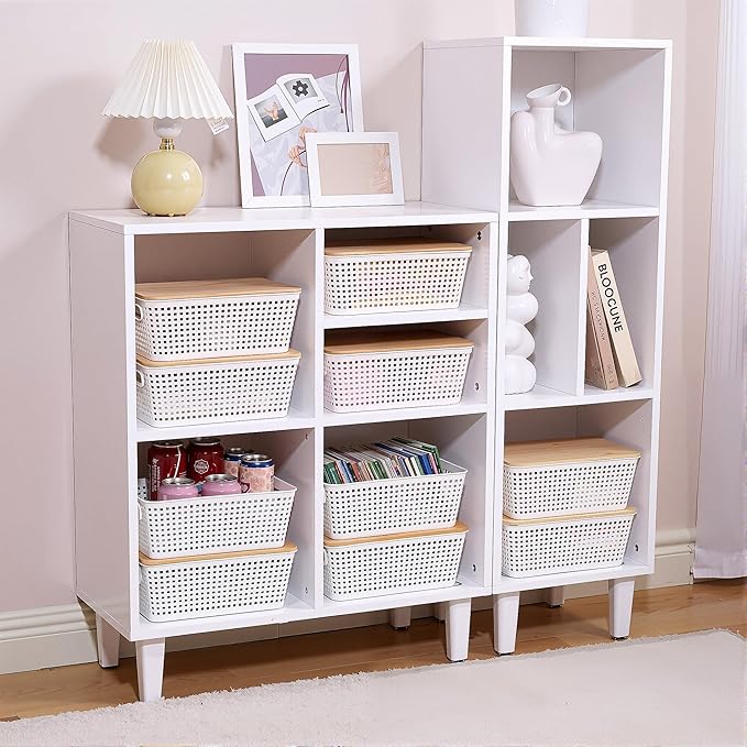 Storage Bins with Lids 10 Packs, Plastic Storage Bins with Bamboo Lids for Pantry Organization and Storage Containers for Shelves Drawers Desktop Closet Playroom Classroom Office Home, White