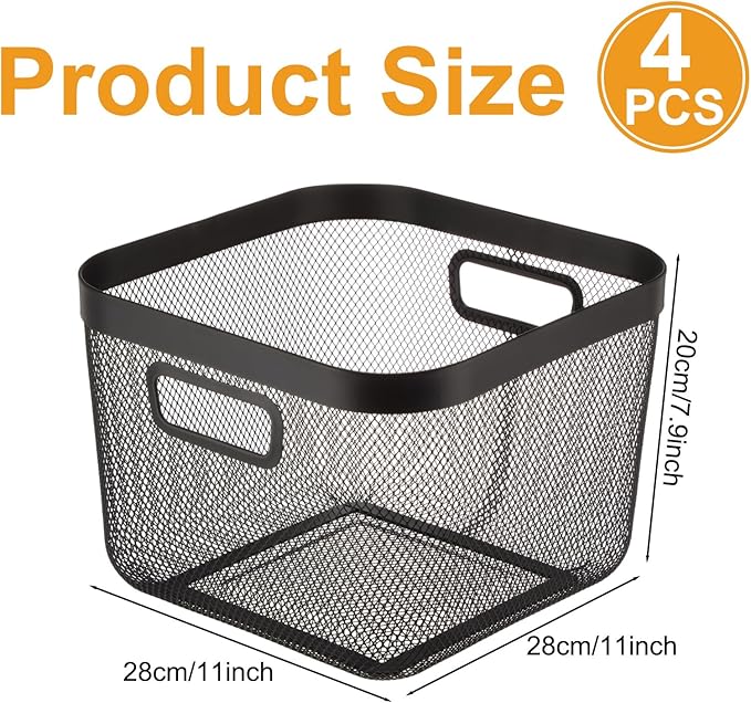 4 Pack Metal Mesh Basket with Hollow Handles Black Wire Storage Bin for Organizing Stackable Metal Fine Mesh Basket for Pantry Bathroom Kitchen Cabinets Shelves (Large)