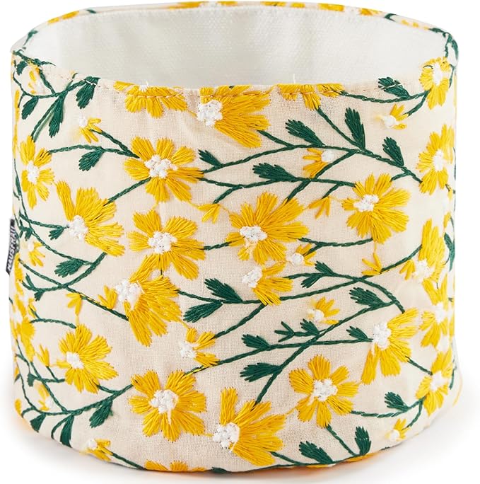 HAUSFRAU Decorative Storage Baskets - Round Embroidered Jacquard Baskets for Home Decor and Organizing - Small Storage Box and Organizer Bins, 6"x6"x6", Yellow Daisy