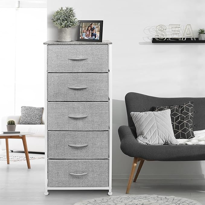 Sorbus Nightstand with 5 Drawers - Bedside Furniture & Night Stand End Table Dresser with Steel Frame, Wood Top, Easy Pull Fabric Bins for Home, Bedroom Accessories, Office & Dorm