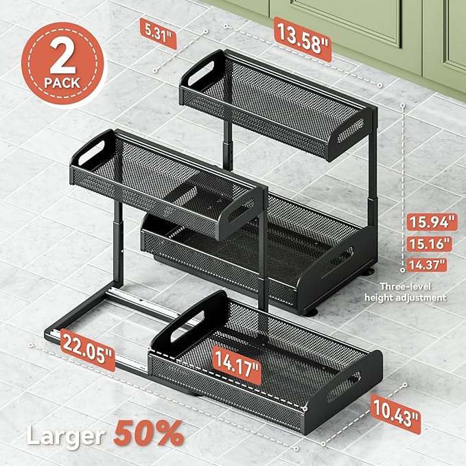 YASONIC Under Sink Organizer, Metal 2 Pack Height Adjustable Under Kitchen Sink Organizer with Pull Out Drawer, 15.9 Inches Cabinet Organizers and Storage for Kitchen & Bathroom Black