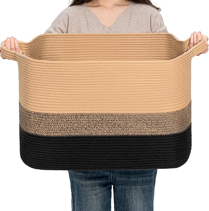 CLHMILY&Z Stylish Square Cotton Rope Storage Basket (Black & Camel, 85L)