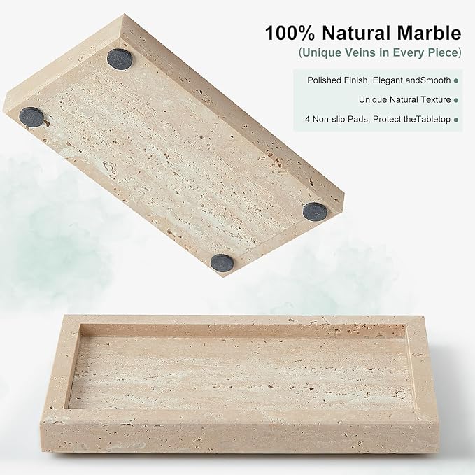 Natural Small Marble Vanity Tray, Luxury Stone Organizer for Bathroom & Kitchen | Holds Soap Dispenser, Jewelry, Perfume | Non-Resin, Non-Ceramic Décor (Travertine, Mini (7.9" x 4.3" x 0.78"))