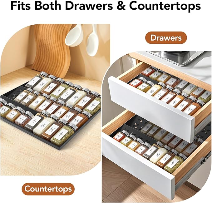 Spice Rack, Expandable Spice Drawer Organizer (11"-22"), Sturdy & Vented Plastic Seasoning Storage with Labels & Funnel, Drawer Organization for Kitchen, Office, Cosmetic (Jars Not Included)