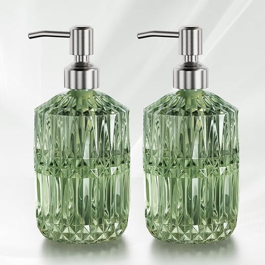 AmazerBath Soap Dispenser, 2 Pack Green Glass Soap Dispenser with Pump Stainless Steel, 14.2OZ Refillable Hand Soap Bottles Bathroom Kitchen