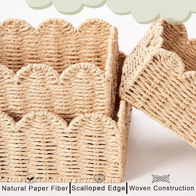 Scalloped Wicker Baskets, Set of 3 Hand-Woven Storage Baskets with Handles - Paper Rope Shelf Organizers & Decorative Baskets for Shelves, Closet, Bathroom (Beigeï¼