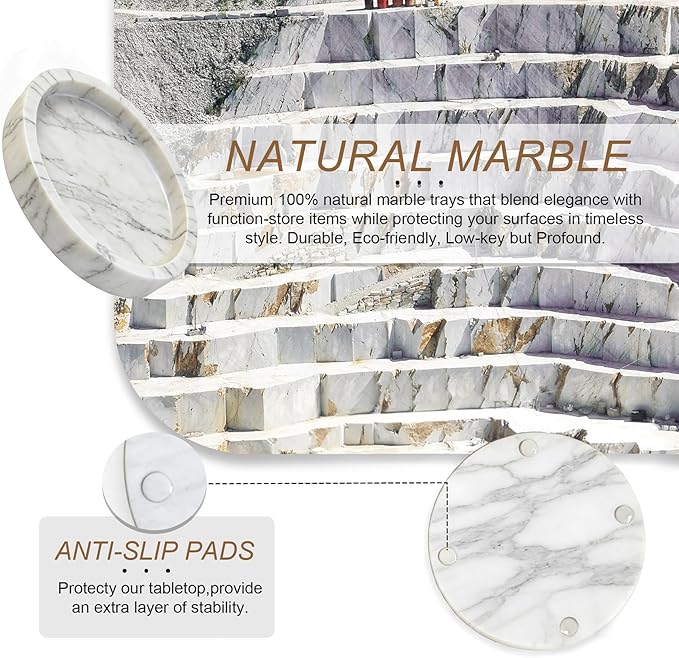 Natural Marble Tray, Round White Tray for Bedroom/Bathroom/Kitchen/Vanity Countertop, Jewelry Tray for Rings Earrings Necklace Bracelet Watch, Room Decor Aesthetic