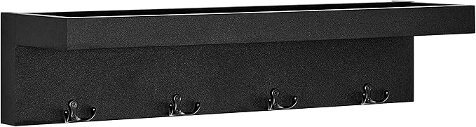 Danya B Wall Mounted Entryway Floating Coat Rack with Four Hanging Hooks and Decorative Ledge Shelf - Great for Entryways, Hallways, Bedrooms, Kitchens, and Bathrooms (Black)