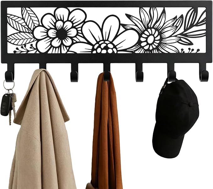 Black Metal Flower Wall Mount Rack with 7 Hooks, Decorative Wall Hanger for Coats, Jackets, Hats, Bags, Keys, Metal Wall Organizer for Bedroom, Bathroom, Kitchen, Living Room, Office, Home