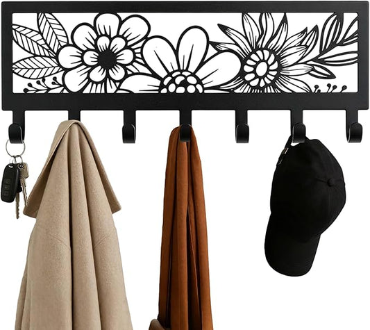 Black Metal Flower Wall Mount Rack with 7 Hooks, Decorative Wall Hanger for Coats, Jackets, Hats, Bags, Keys, Metal Wall Organizer for Bedroom, Bathroom, Kitchen, Living Room, Office, Home
