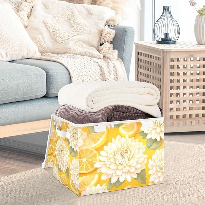 Yellow Chrysanthemum Flowers and Lemon Slices Collapsible Storage Bins with Lids Decorative Fabric Cubes Closet Organizer Basket Boxes Containers for Clothes Box Chest Nursery Foldin