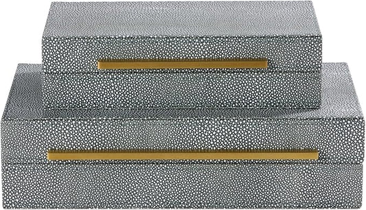 Sagala Set of 2 Grey Shagreen Decorative Boxes With Gold Metal Handles, Faux Leather Jewelry Boxes Modern Storages Photo Memory Boxes Home Organizer Boxes (Grey-Gold, 2pack)