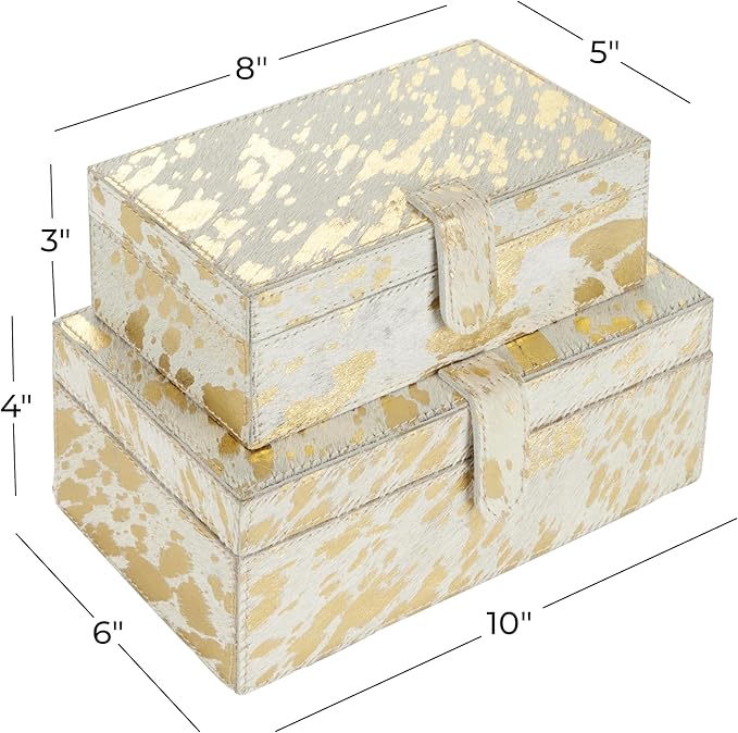 Deco 79 Leather Handmade Decorative Box Decorative Keepsake Boxes with Gold Foil Paint, Set of 2 Storage Boxes 8", 10"W, Gold