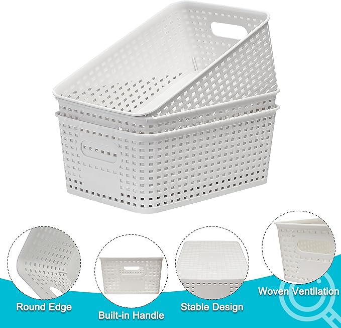 Soddeph 6 Pack Plastic Storage Baskets with Handles,Stackable Organizer Bins for Closet, Bathroom, Kitchen, Office, Shelf and Cabinet Organization (White, Grid-6PACK)