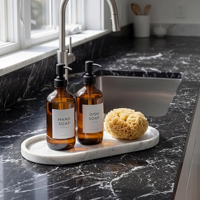 YKAJO 11.6" x 5.9" Oval Real Marble Tray for Bathroom & Kitchen Counter â 100% Natural Stone Decorative Vanity Tray for Dresser & Perfume â Heavy Catchall Organizer for Soap & Jewelry, White Gray
