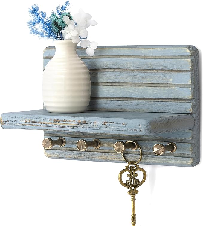 Rebee Vision Pine Wood Key Holder Wall Mount – Decorative 7-inch Key Holder for Wall with Wooden Shelf & Sturdy Hooks – Home Accessories for Mail Organizer (Blue)