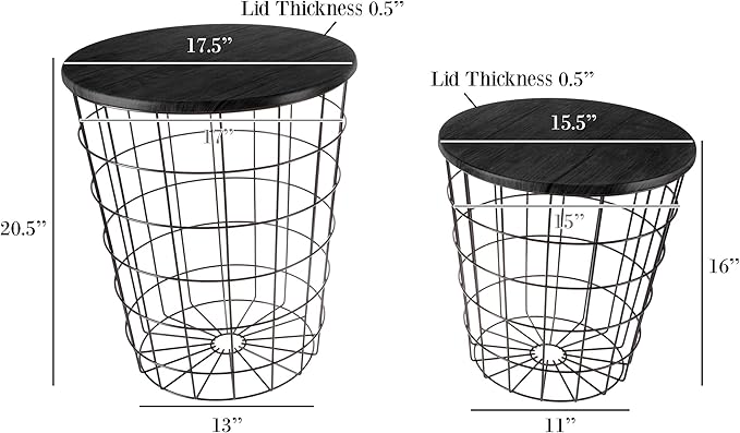 End Tables Set of 2 - Nesting Tables with Removable Wood Tops and Metal Basket Bases for Blanket Storage - Round Side Pieces for Living Room, Bedroom, or Home Office by Lavish Home (Black)
