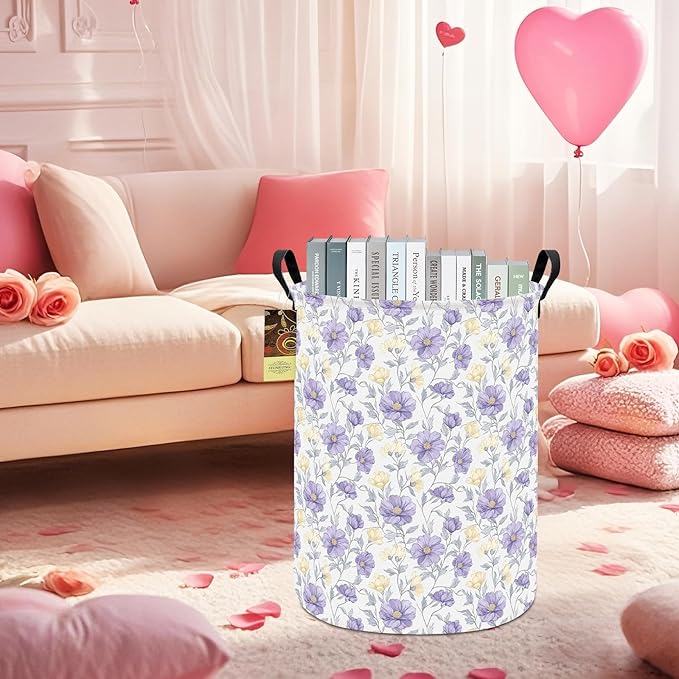 HUNRUNG Laundry Hamper,Large Canvas Fabric Lightweight Storage Basket Toy Organizer Dirty Clothes Collapsible Waterproof for College Dormsï¼Round-Purple Flowersï¼
