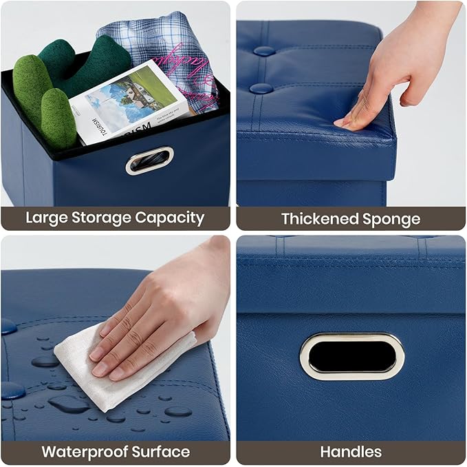 COSYLAND Storage Ottoman 17x13x13in Leather Ottoman Rectangle Footrest Footstool Folding Ottoman for Room Dorm Small Collapsible Bench Seat Organizer Entryway Furniture with Handles Lid Royal Blue