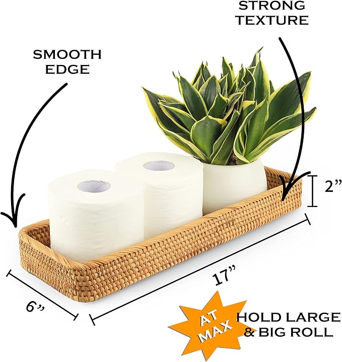 Rattan Toilet Tank Basket Woven Guest Towel Holder Decorative Wicker Tray 17" x 6" x 2" for Serving Bread or Shelves Bathroom Counter Organizers and Storage (17 x 6 x 2 inches, Honey Brown)
