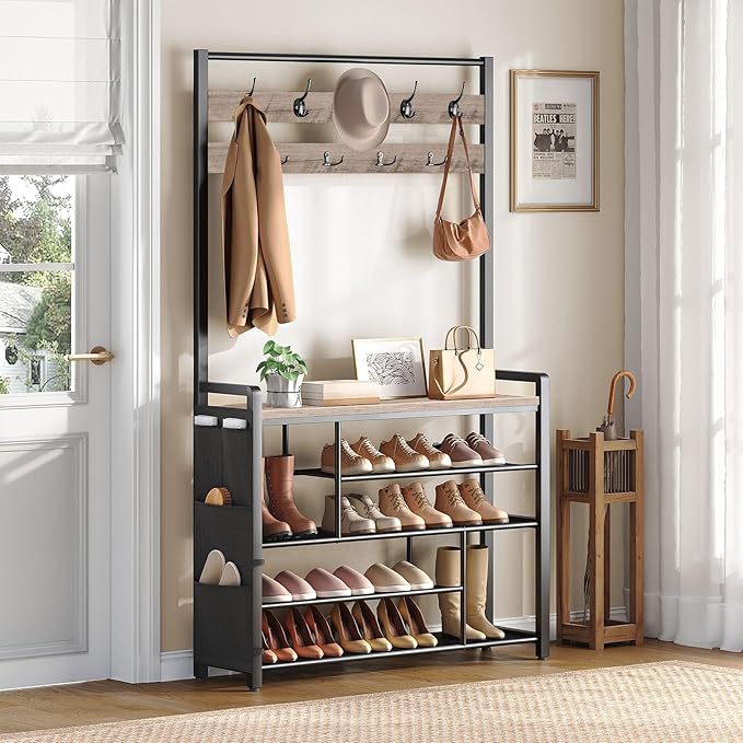 HOOBRO Hall Tree with Bench, Shoe Rack with Coat Rack, 39.4" Coat Rack with Shoe Storage, 5 Tier Shoe Storage Organizer, Oxford Fabric Side Pockets, Coat and Shoe Rack Entryway, Greige BG46MT01