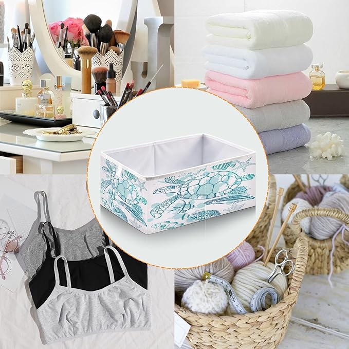 Blueangle Sea Turtle Starfish Cube Storage Bin, 11 x 11 x 11 in, Large Collapsible Organizer Storage Basket for Home Décor