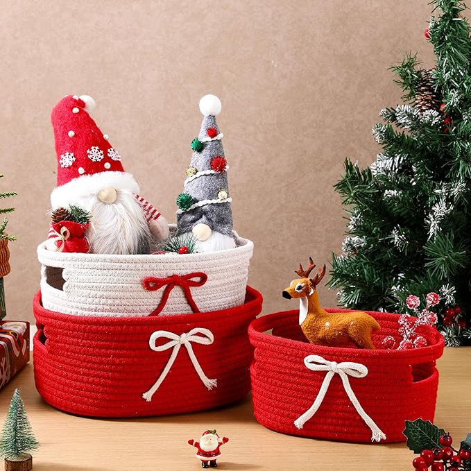 Breling 3 Pieces Valentine's Day Gift Basket Coquette Bow Laundry Hamper Cotton Rope Storage Woven Rope Bin with Handles for Decoration Organization Storage for Nursery, Pet Toy Basket(Red, White)