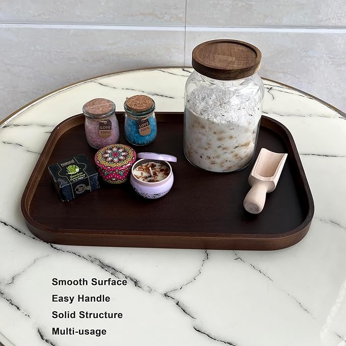 Wood Vanity Tray, Bathroom Counter Solid Walnut Color Organizer, Toilet Tank Top Wooden Serving Plate for Dinner Tea Coffee Brown Color, 15 x 11 inch 2 Pack