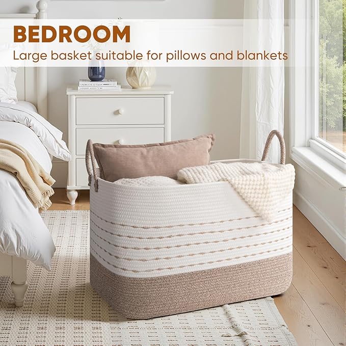 XXL Large Blanket Basket for Living Room, 108L Woven Storage Baskets for Organizing, Rectangle Cotton Rope Basket Toy Chest With Handles--Brown & White
