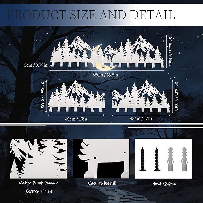 Large White Mountain Wall Mount with 14 Hooks, Decorative Forest Art Wall Hangerfor Cabin Entryway Front Door Bathroom Kitchen Office Home, Wall Mount Holder for Key Jacket Hat Bag Towel