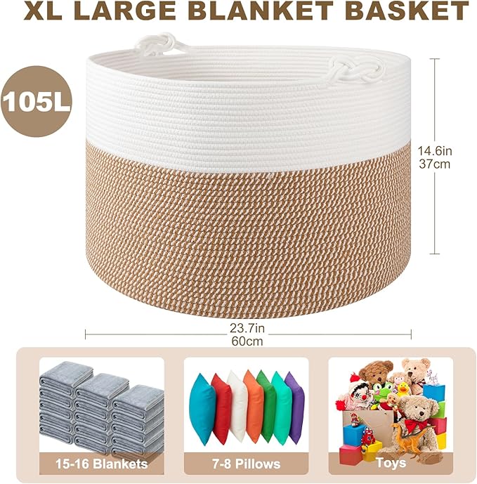 XXL Large Blanket Storage Basket for Living Room, 105L Woven Cotton Rope Basket with Handles, Baby Toy Storage, Laundry Hamper for Clothes, Pillows, Towels-Yellow and White