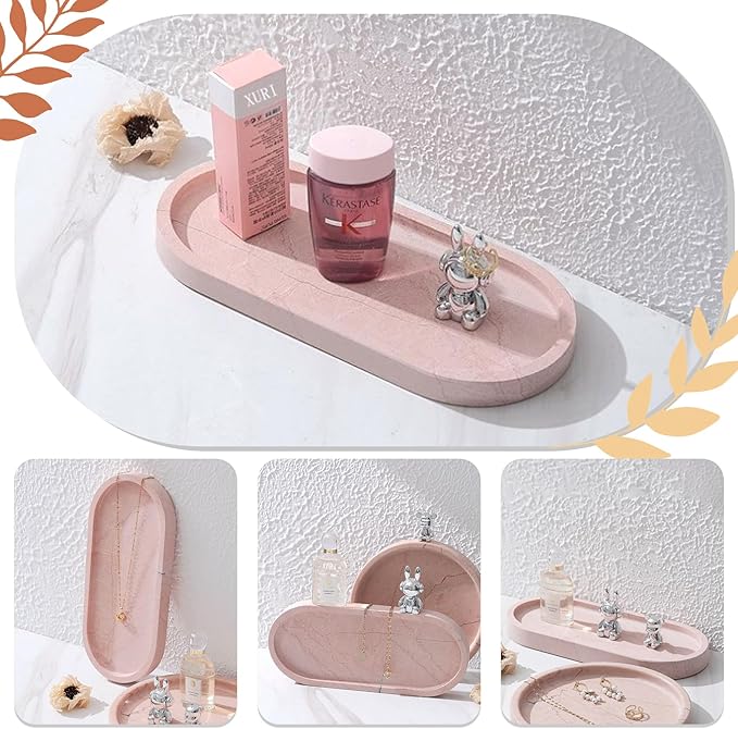 Natural Marble Tray, Pink Stone Tray, Vanity Decorative Tray for Countertop, Catchall for Perfume, Candles, Skincare, Jewelry Dish, Bathroom Tray, Hotel Supplies