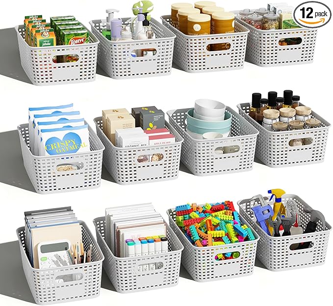 Plastic Storage Basket for Organizing 12 Pack Small Storage Bins Container for Shelves, White Shelf Baskets with Handles for Organization