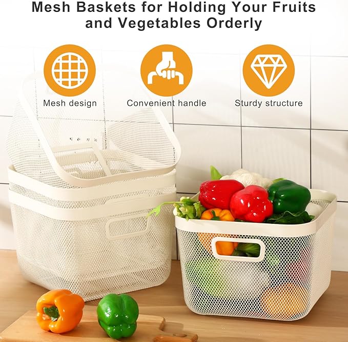 4 Pack Metal Mesh Basket with Hollow Handles White Wire Storage Bin for Organizing Stackable Metal Fine Mesh Basket for Pantry Bathroom Kitchen Cabinets Shelves (Large)