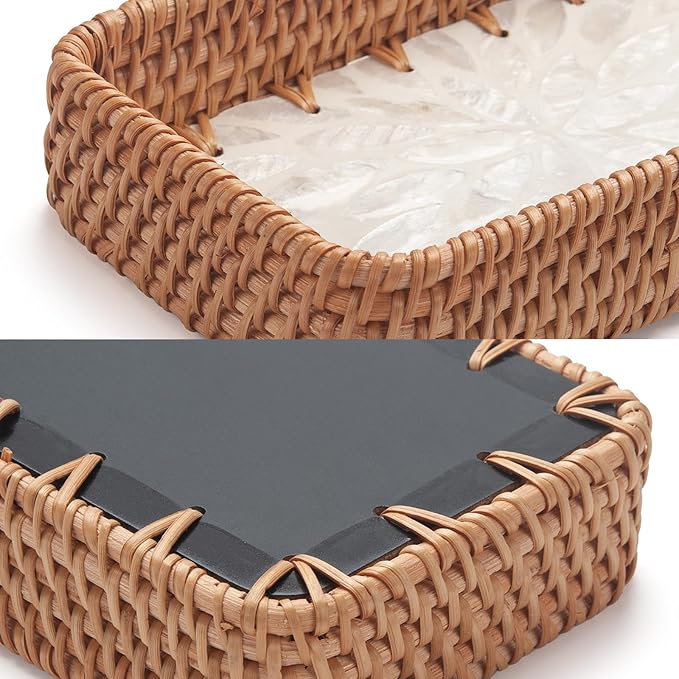 YANGQIHOME Jewelry Tray, Rattan Jewelry Organizer with White Leaf Base â Decorative Jewelry Organizer Dish for Rings, Watches, Keys â Ideal for Bedroom, Living Room, Entryway, Natural