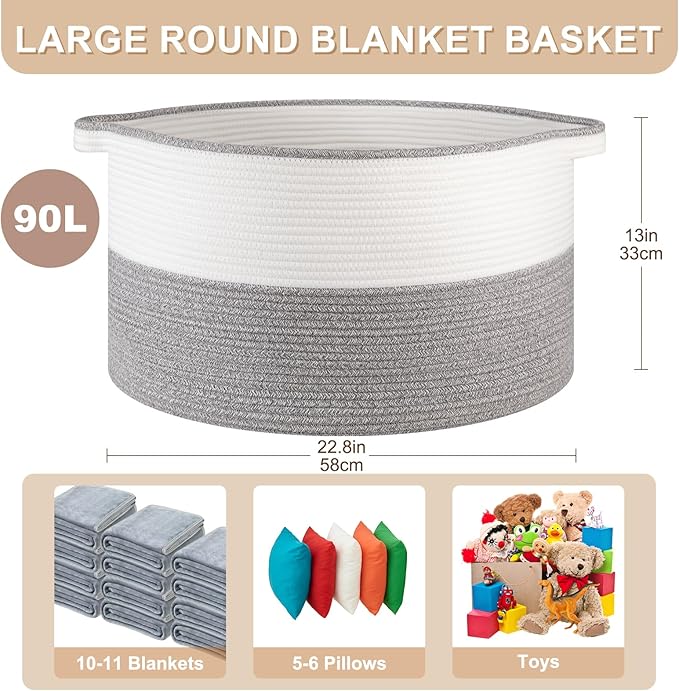 Large Blanket Basket with Handles, 22.8" x 22.8" x 13" Woven Storage Basket for Living Room, Cotton Rope Baby Toy Storage for Clothes, Pillows, Towels-Grey and White