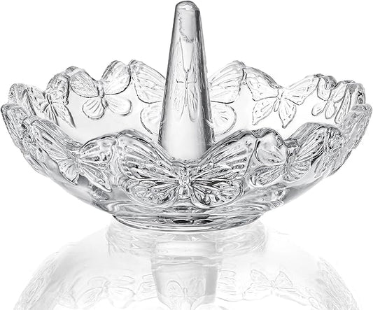H&D HYALINE & DORA Clear Crystal Ring Holder with Butterfly Pattern, Engagement Glass Ring Dish Jewelry Holder for Rings Earrings Necklace Organizer
