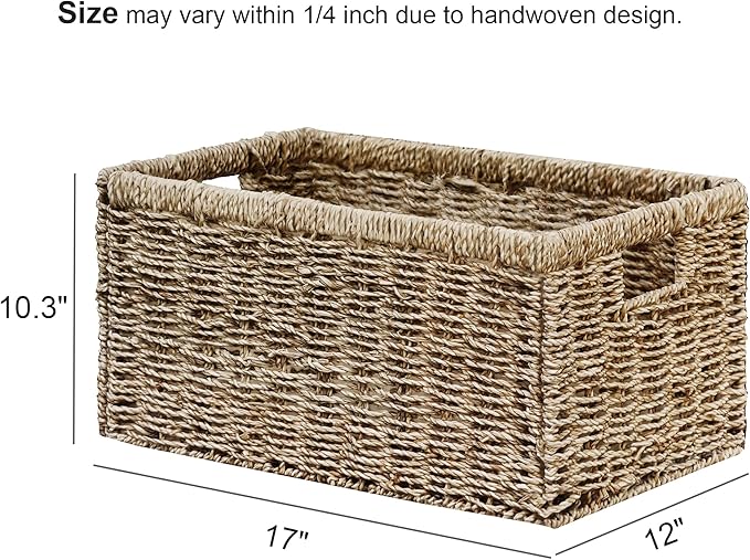 Vagusicc Wicker Storage Basket, Set of 2 Hand-Woven Sea Grass Storage Baskets for Organizing, 17 inch Small Wicker Basket for Shelves, Foldable Cube Organizer Bins for Bathroom