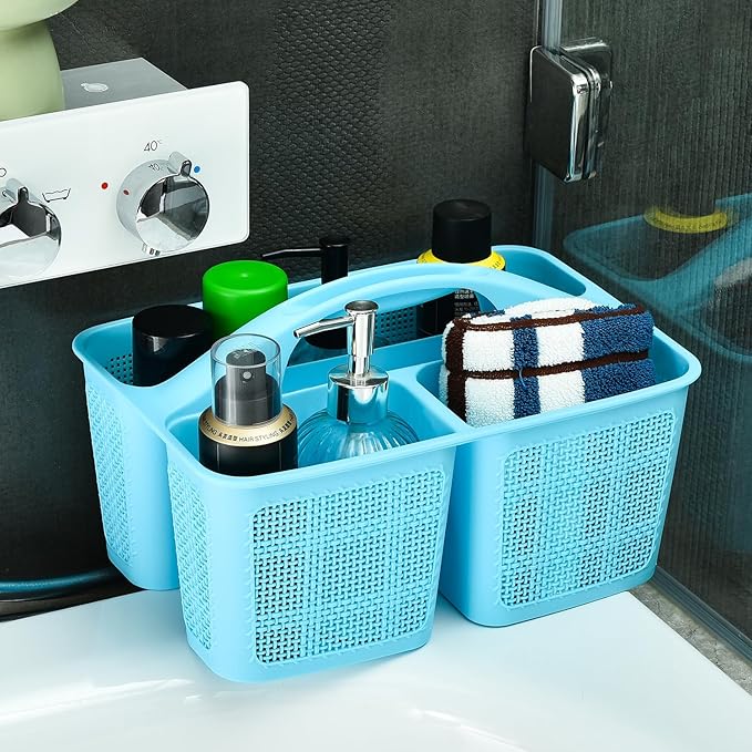 Plastic Blue Shower Caddy Basket, Divided Cleaning Portable Shower Basket with Handle Compartments Storage Organizer for Bathroom, College, Kitchen, Dorm Room Essentials