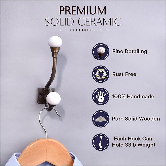 Indian Shelf Pack of 12 Heavy Duty Double Prong White Decorative Coat Hooks Unique Coat Rack Wall Mount Ceramic Wall Hooks for Hanging Towel Holder Backpack Purse Hanger- Style 8