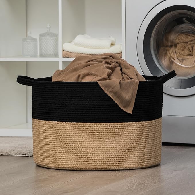 XXXLarge Woven Cotton Rope Basket (21.7" x 13.8") – Blanket Basket for Living Room, Laundry Hamper, Baby Laundry Hamper, Toy Storage, Pillows & Cushions Organizer (Black&Brown)